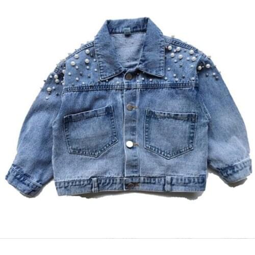 Spring Autumn Girls Denim Jacket Childrens Pearl Fashion Outdoor Coats Kids Pockets Solid Color Denim Outwear