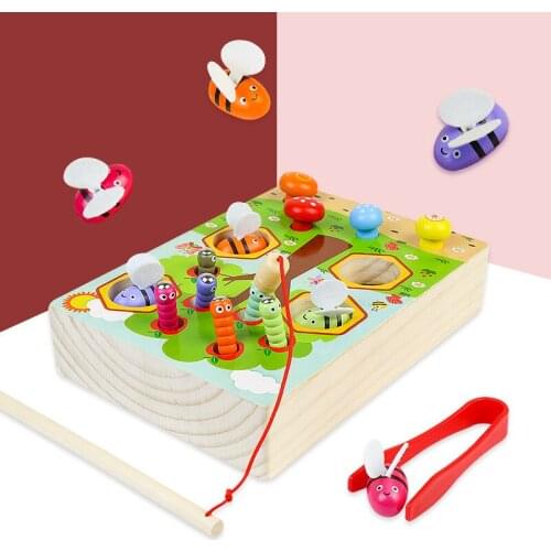 Children Wooden Education Clip Beehive Games Catch Worm Game Color Cognition Clip Small Bee Early Educational Toy Gifts