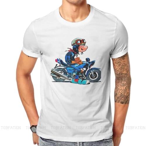 On Motercycle Fashion TShirts Gaston Lagaffe Comics Men Graphic Pure Cotton Streetwear T Shirt Round Neck Oversized