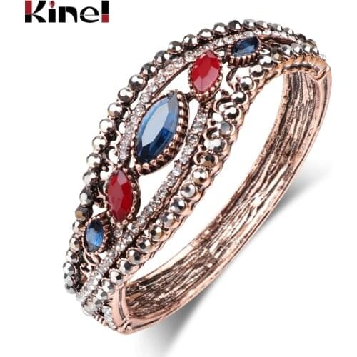 Kinel Hot Beautiful Trendy Crystal Bracelet Turkish Hollow Flower Bangle Antique Gold Color Retro Jewelry Party Accessories