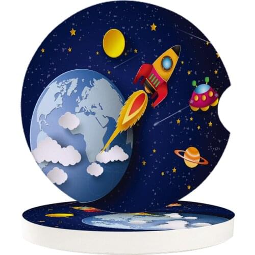 Ceramic Stone Round Car Coasters Set Galaxy Cartoon Rocket Universe Mug Tea Cup Hot Cold Drinks Mat Car Coaster Decoration