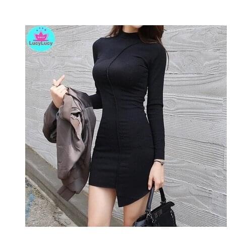 Korean version of the fall and winter new irregular stitching package hip small high collar black dress