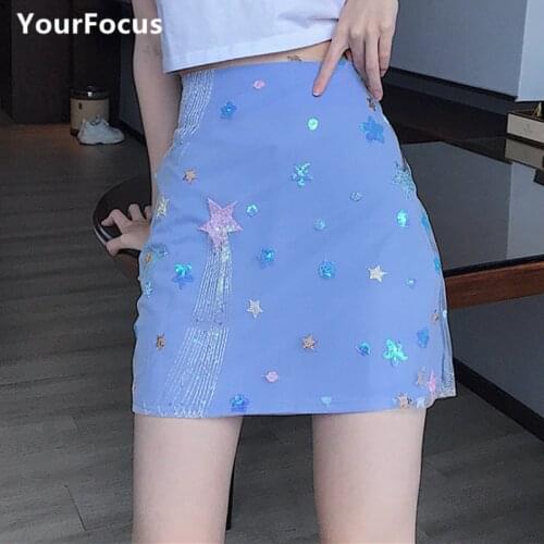 Sweet lolita chic Mermaid blue skirt shining sequins star mesh short mini skirt