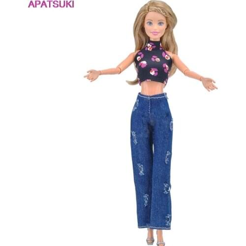 Fashion Outfits For Barbie Doll Clothes 1/6 Handmade Black Floral Short Top & Jeans Pants For Barbie Accessories 1/6 Kids Toy