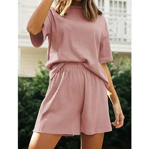 Fashion Summer Two Piece Suit Women Elastic Waist Casual Solid Loose Leisure Pajamas Set O-Neck Home Wear Womens 2 Piece Set