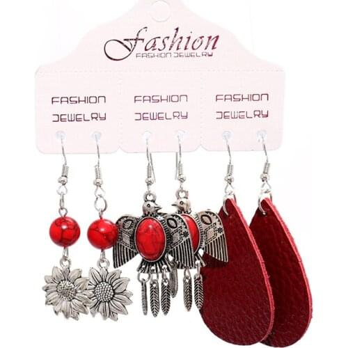 Wooden Leather Earring Set Bohemian Geometric Sunflower Metal Retro Vintage Statement Geometric Gift Trend Originality Earrings