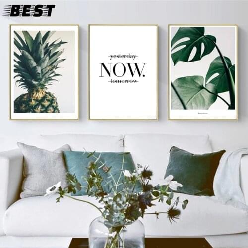 Nordic Green Plant Canvas Paintings Prints Leaves Pineapple Wall Art Quotes Decoration Poster Pictures for Interior Home Decor