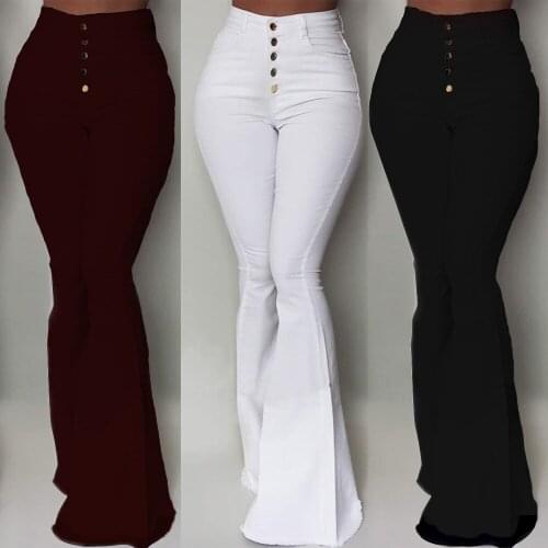 Solid High Waist Button Streetwear Slim Woman Pants Casual Spring Wrap Female Flares Pants Fashion
