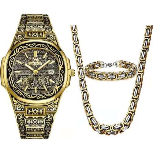 Necklace+Watch+Bracelet Hip Hop Luxury Stainless Steel 8mm Imperial Link Chain Vintage Gold Watch for Men Jewelry Watch Set Gift