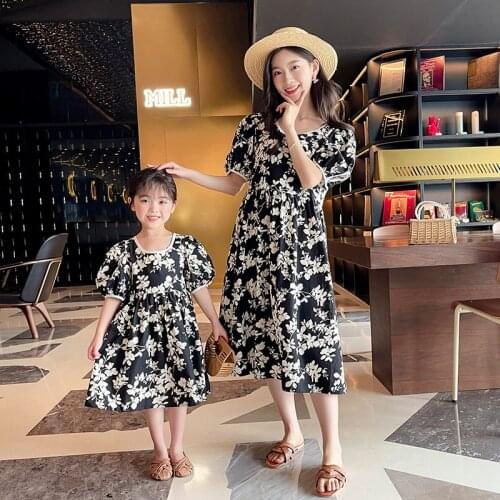 Mother and Daughter Parent-Child Short-Sleeved Dress 2021 Summer Square Collar Casual Dress Matching Family Outfits