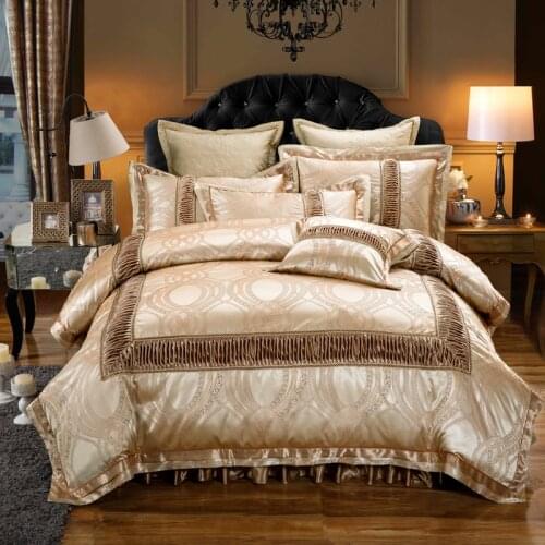 Golden Red Luxury Wedding Bedding set King Queen size Cotton Stain Jacquard Bed set Duvet/Quilt cover Thick Bed skirt set Pillow