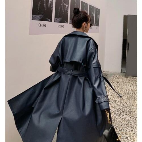 Vogue Elegant European Style Long Black PU Leather Trench Coat Women Double-Breasted with Belt Spring Autumn Lady Outerwear