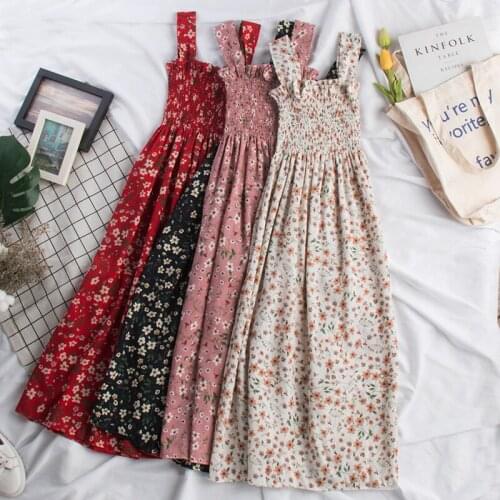 Spring Summer Dress 2020 Print Floral Sweet Bohemian Long Dresses Women A-line Sleeveless vest Pleated Vestido Korean