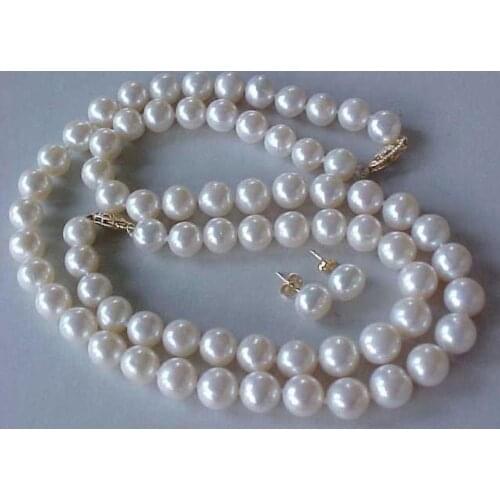 AA 9-10MM AAA GENUINE WHITE AKOYA PEARL NECKLACE BRACELET & EARRINGS SET 18"7.5"
