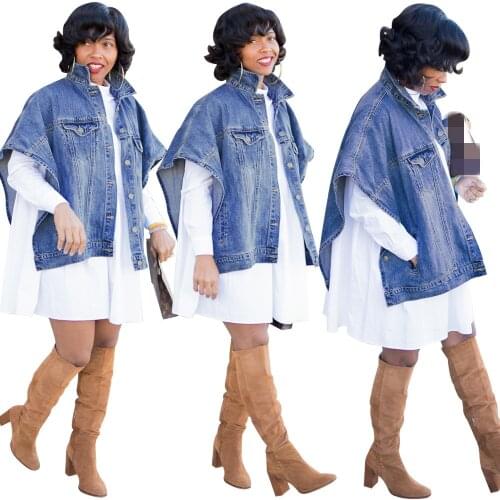 Street Snap Wear Women Solid Turn-Down Collar Cap Sleeves Denim Jackets Single-Breasted Irregular Pockets Coats 2020 Autumn New