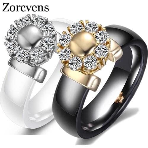 Black&White Ceramic Rings For Women Cubic Zircon Stainless Steel Engagement Wedding Rings Elegant Love Rings Ceramic Jewelry
