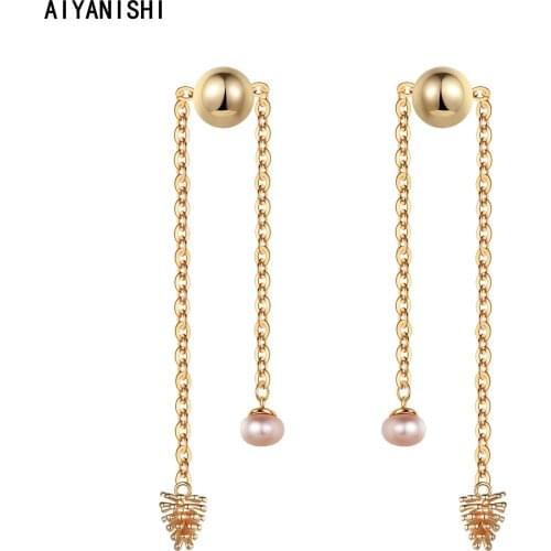 AIYANISHI 18K Gold Filled Natural Freshwater Peal Drop Earring Women Engagement Long Link Chain Pearl Earrings Pine Nuts Jewelry