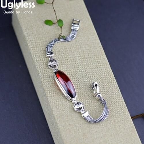 Uglyless Oval Chalcedony Garnet Bracelets for Women Real 925 Sterling Silver Chains Bracelet Ethnic Simple Fashion Bangles BR296