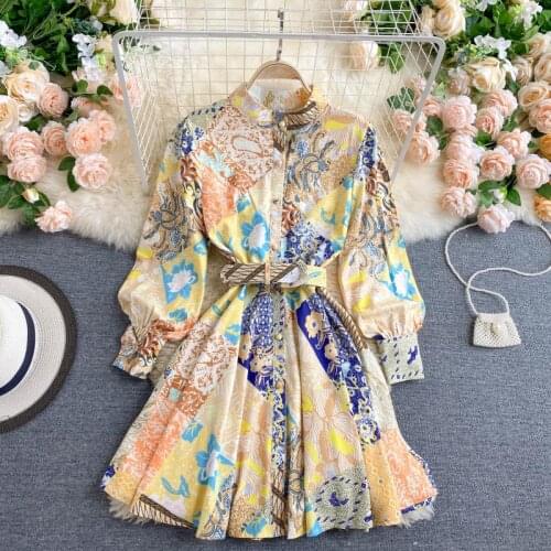 Autumn New Women Fashion Long Puff Sleeve Stand Collar Floral Print Waist Slim Boho Shirt Dress 2021 Casual Vestidos