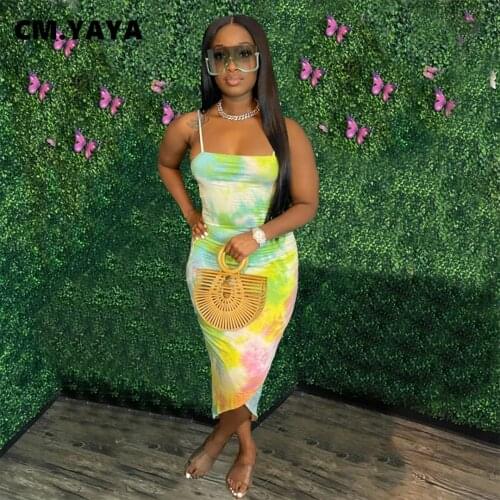 CM.YAYA Women Dress Spaghetti Strap Slash Neck Skinny Elastic Print Asymmetrical Long Dresses Office Lady Street Sexy Outfit