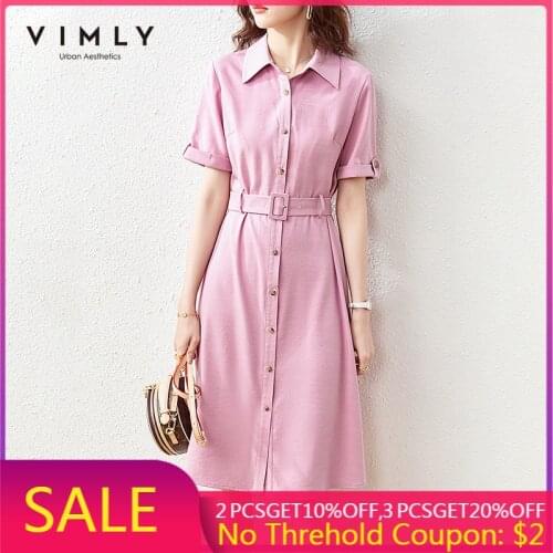 VIMLY Summer Shirt Dress For Women 2021 Fashion New Turn Down Collar Solid Purple Dresses Female Long Dress Vestidos F7052