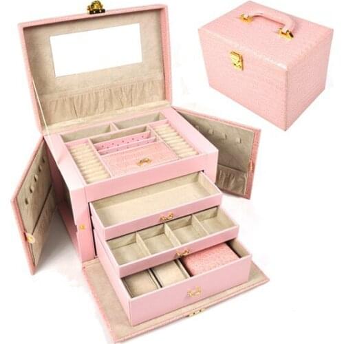 Free shipping Luxurious leather large 4 layers space jewelry box ,earrings necklaces pendants display box wedding gifts. pink