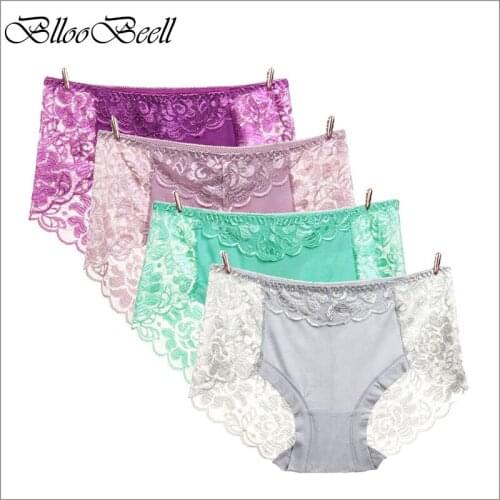 BllooBeell 4pcs Womens Lace Underwear Panties Solid Sexy Lace Briefs for Women Hollow Out Mid-Rise Modal Lingerie Big Size XXXL