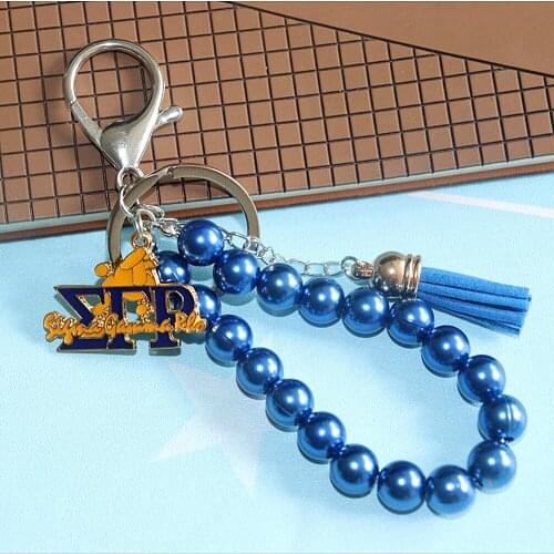Blue Pearl Tassel Greek Letter SGRHO Poodle Label Sigma Gamma Rho Sorority Key Chains