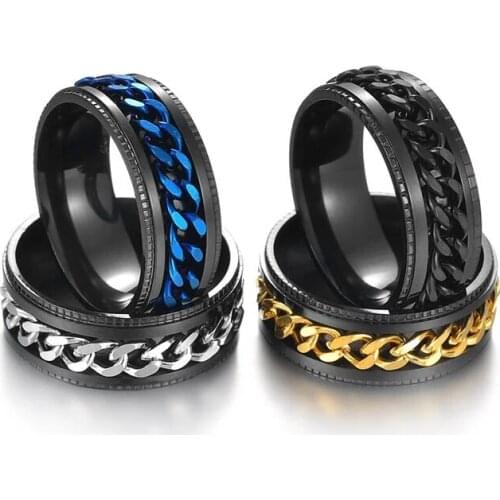 Stainless Steel Rings Cool Black Spinner Chain Ring for Men Tire Texture Rotatable Links Punk Male Anel