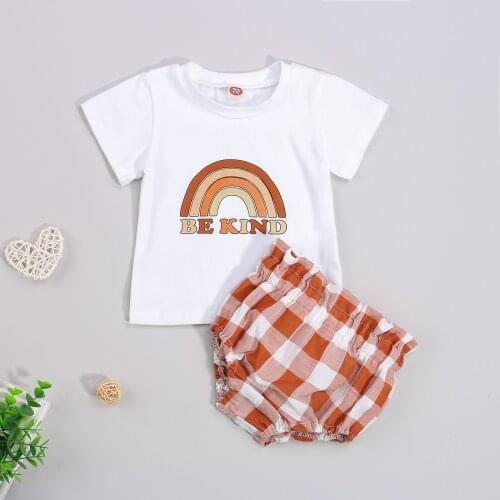 Pudcoco Baby Girls Clothes Two-piece Set, White Round Collar T-shirt and Plaid Printed Pattern Elastic Waist Shorts Summer Set