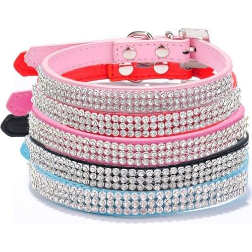 Hot Sale PU Leather Dog Collar 3 Rows Rhinestone Small Dog Puppy Pet Necklace Collars
