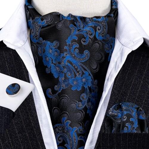 Fashion Blue Silk Cravat Ascot Tie for Men Suit Necktie Jacquard Pocket Square Cufflinks Set Wedding Party Barry.Wang