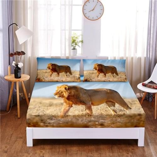 Strong Lion Digital Printed 3pc Polyester Fitted Sheet Mattress Cover Four Corners with Elastic Band Bed Sheet Pillowcases