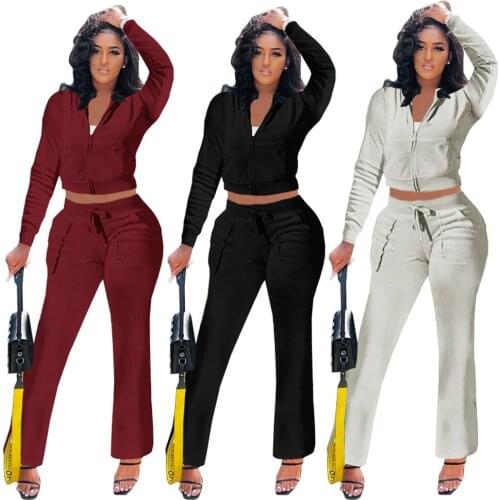 New Womens Fashion Casual Sports Zipper Hooded Sweater Flared Pants Two-Piece Suit