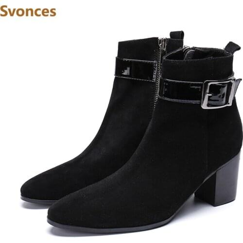 Solid Black Cow Suede Mens Boots Luxury Fashion Dressing Designer Botas for Man Slip-on Breathable With Heel Brand Shoes Men