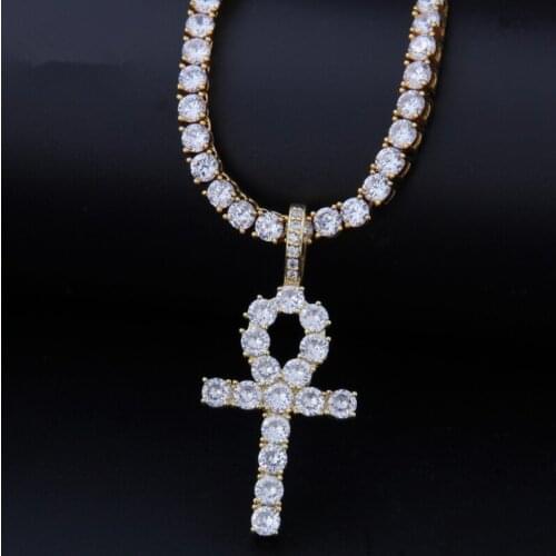 Classic Religious Style Full Zircon Ankh Cross Pendant Tennis Chain Necklace Mens Hip Hop Style Rock Punk Jewelry