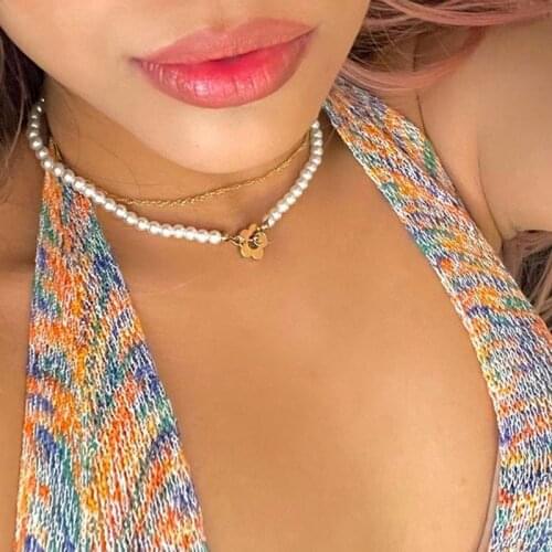 Y2K Jewelry Flower Clasp Necklace for Women Fashion Simple Vintage Pearl Necklace Charms 90s Aesthetic Friendship Gifts New