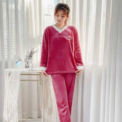 Autumn Winter Warm Flannel Women Pajamas Sets Thick Coral Velvet Long Sleeve V-neck Sleepwear Flannel Pajamas Set Girl Gift