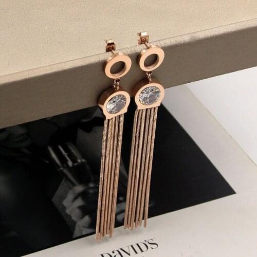 Rose Gold Circle Crystal Six Snake Bone Chain Tassel Earrings Stainless Steel Earrings For Women Jewelry Wholesale