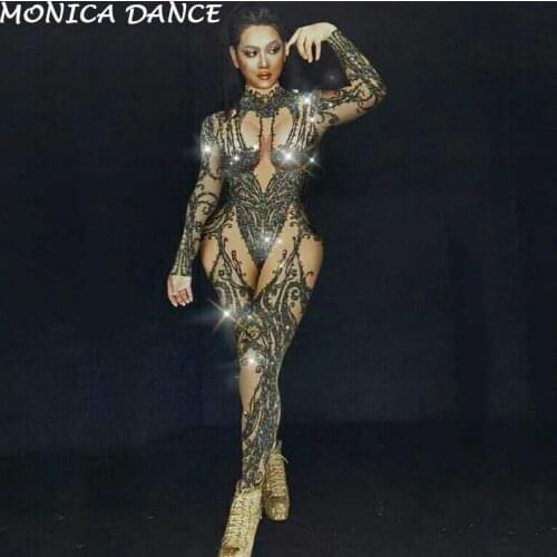 Sexy Stage Black Nude Rhinestone Jumpsuit Nightclub Bar Wear Stones Bodysuit Leggings Prom Celebrate Performance Costume Outfit