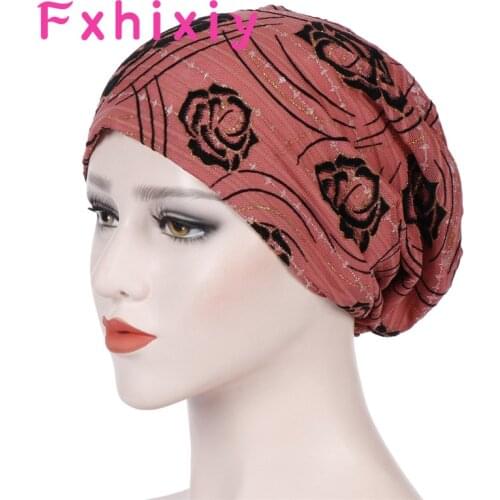 Spring Summer Beanies For Women 2021 Breathable Rose Flower Print India Muslim Stretch Turban Hat Caps Lace Hair Loss Head Scarf