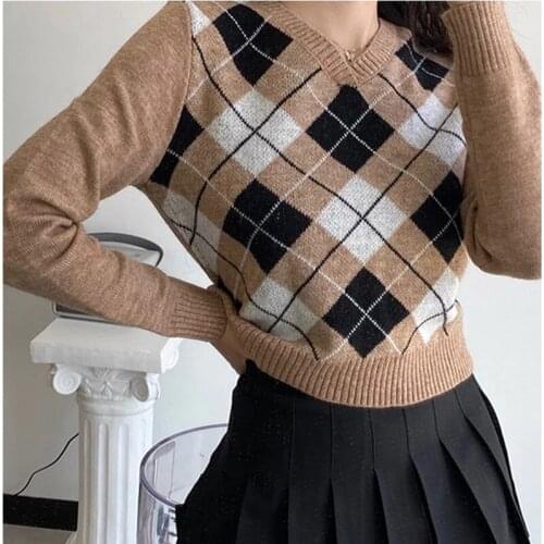 Autumn Plaid Knitted Crop Sweater Women V-Neck Long Sleeve Pullovers Casual Short Sweater Top Loose Warm Pull Femme
