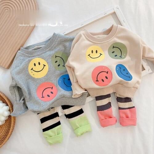 Spring Autumn Baby Cartoon Casual Long-sleeved Smiling Face Sweater and Striped Leggings Optional