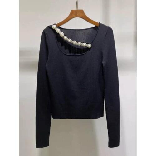 2021 Autumn Top T-shirt Fashion Casual Black Color Hollow Out Knitted T shirted for Women