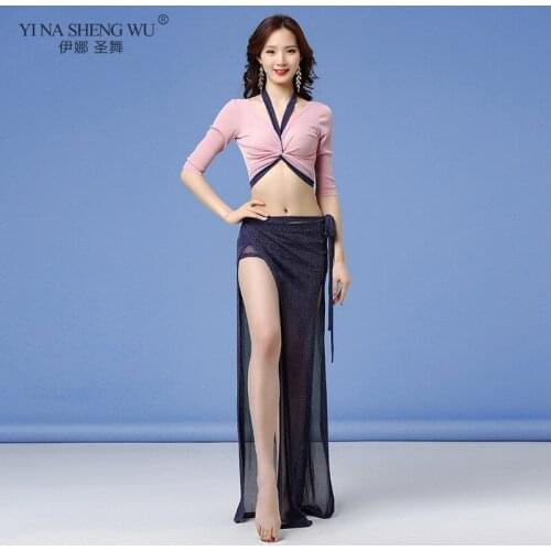 New Practice Clothes Top Skirt 4 Colors Belly Dance Costume Set Women Top Half Sleeve Long Skirt Sexy 2 Pieces Stage Performance