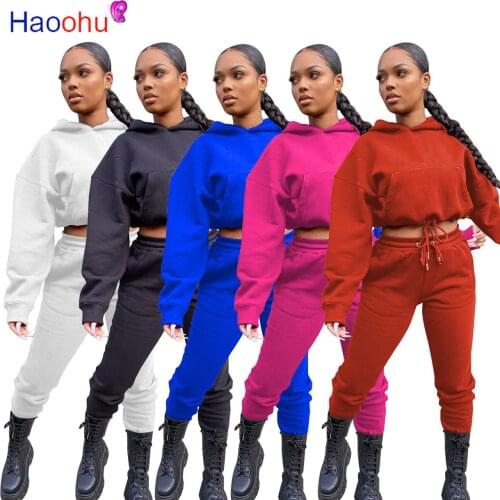 HAOOHU Sport Workout Two Piece Sets Women Autumn Tracksuit Long Sleeve Hooded Sweatshirt Top+sweatpant Female Outifts