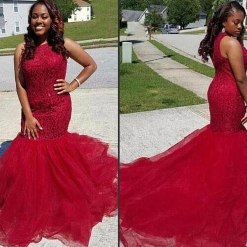 2020 Free Shipping Black Girls Evening dresses long Red lace Appliques Mermaid Jewel Neck Sleeveless Tulle Sweep Train Party