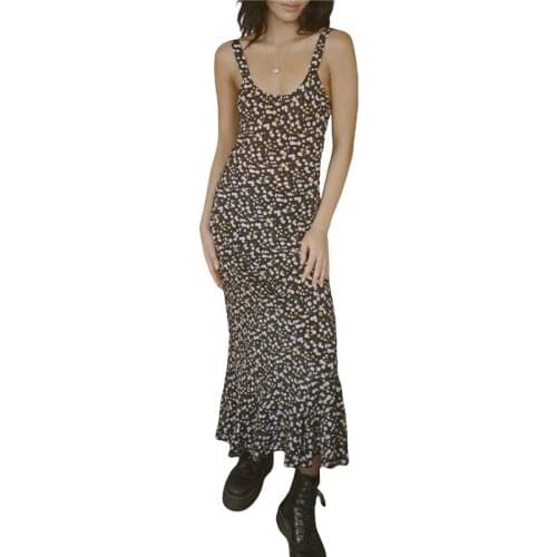 Summer Women Sleeveless Floral Printed Dress Ladies U-shaped Neck Ankle-Length Long Dresses Vintage Ladies Dresses