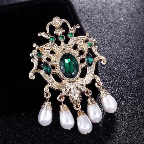 Zlxgirl imitation pearl Green crystal Crown women and men jewelry Europe design gold color scarf pins accessory wedding brooch