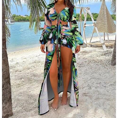 2021 Printed Beach Suits Women Swimwear Front Lace-up Long Sleeve Tops + High Waist Skirt Set Bathing Suit Beach Wear